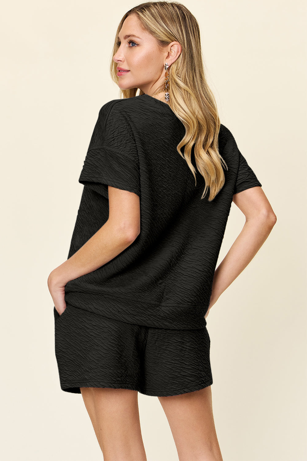 Double Take Full Size Texture Short Sleeve T-Shirt and Drawstring Shorts Set 