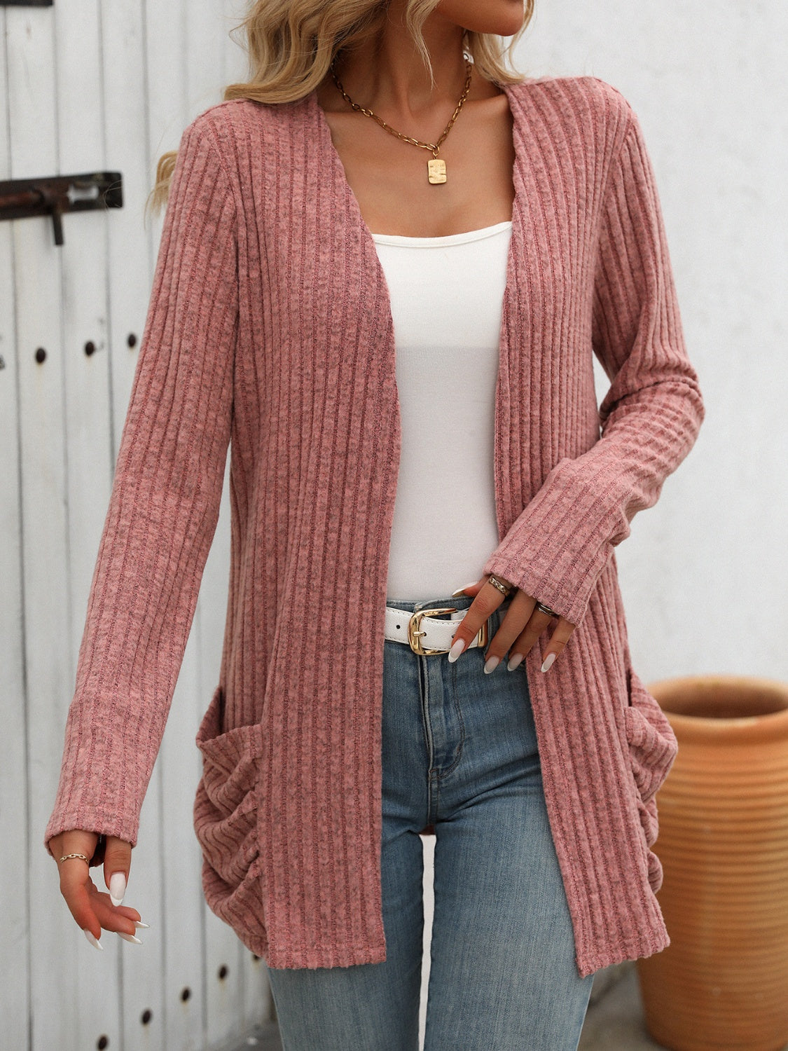 Mandy Open Front Long Sleeve Ribbed Cardigan 