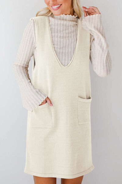 Lovelet Pocketed V-Neck Mini Sweater Overall Dress Dresses