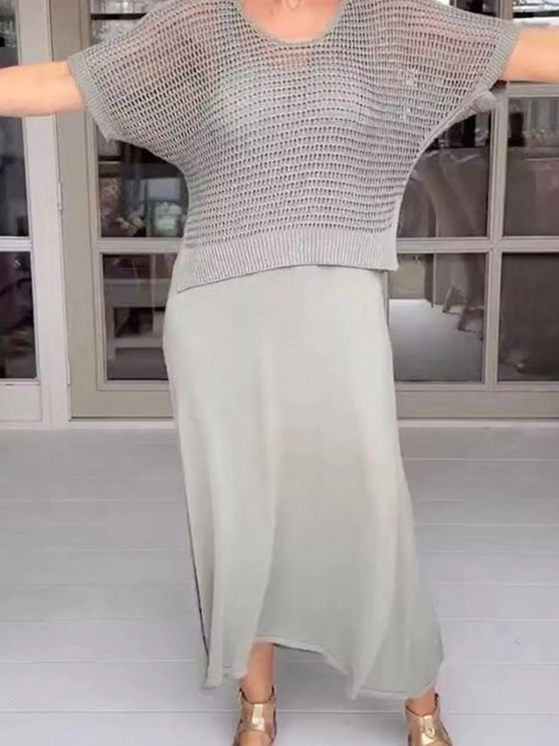 Full Size Openwork Knit Cover Up and Dress Set Plus Size Two Piece Dresses