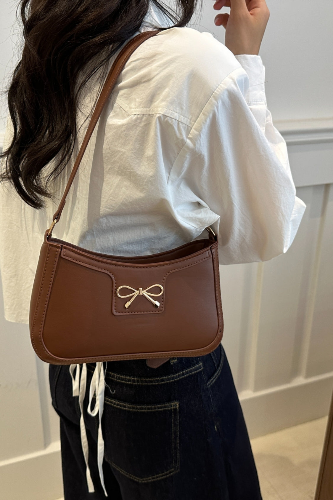 Bow Trim PU Leather Shoulder Bag 