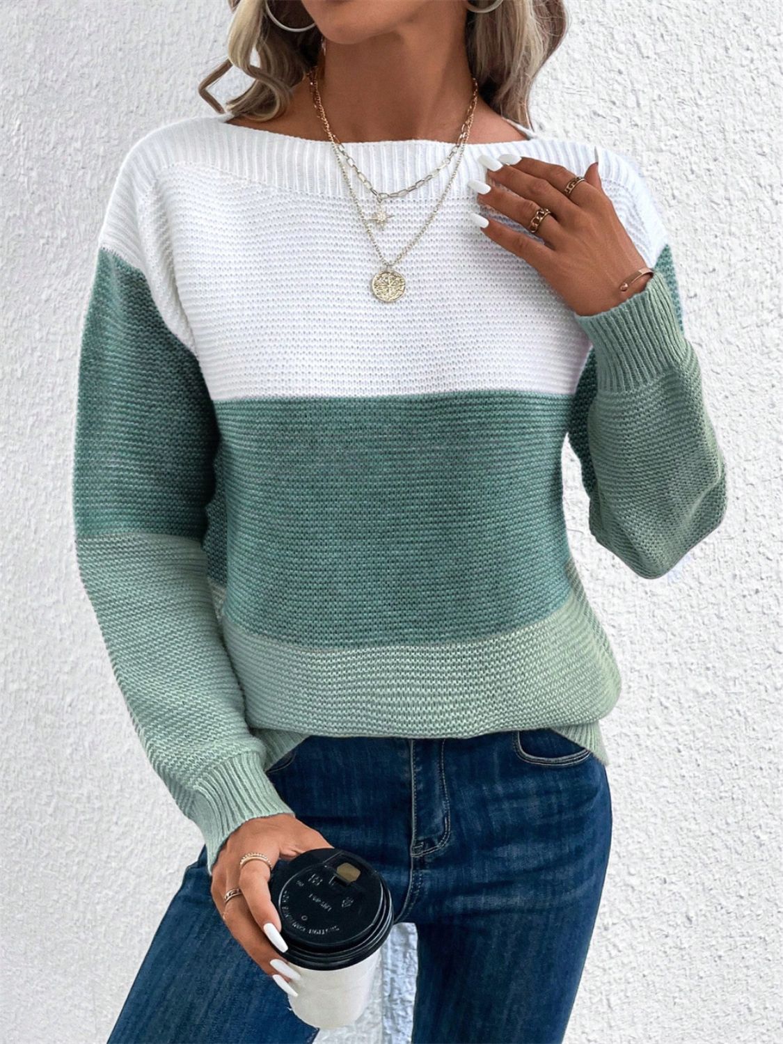 Color Block Drop Shoulder Long Sleeve Sweater 