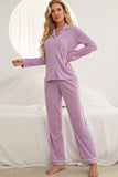 Contrast Piping Button Down Top and Pants Loungewear Set Lingerie & Nightwear