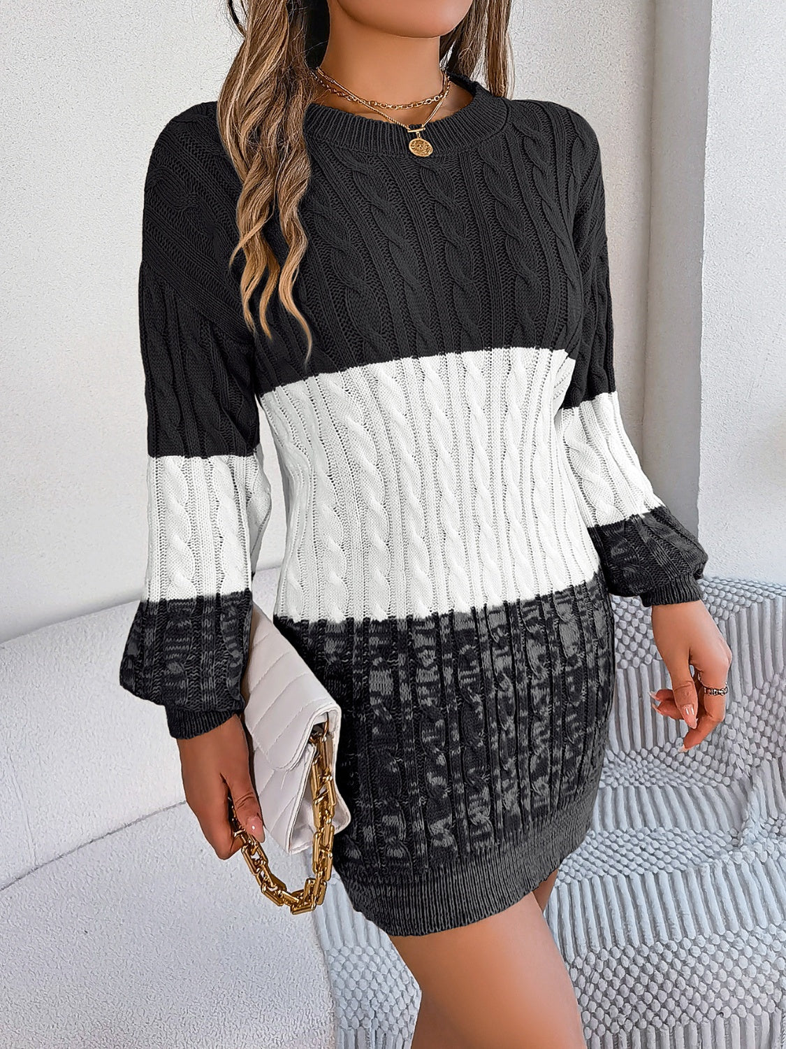 Cable-Knit Round Neck Color Block Sweater Dress 