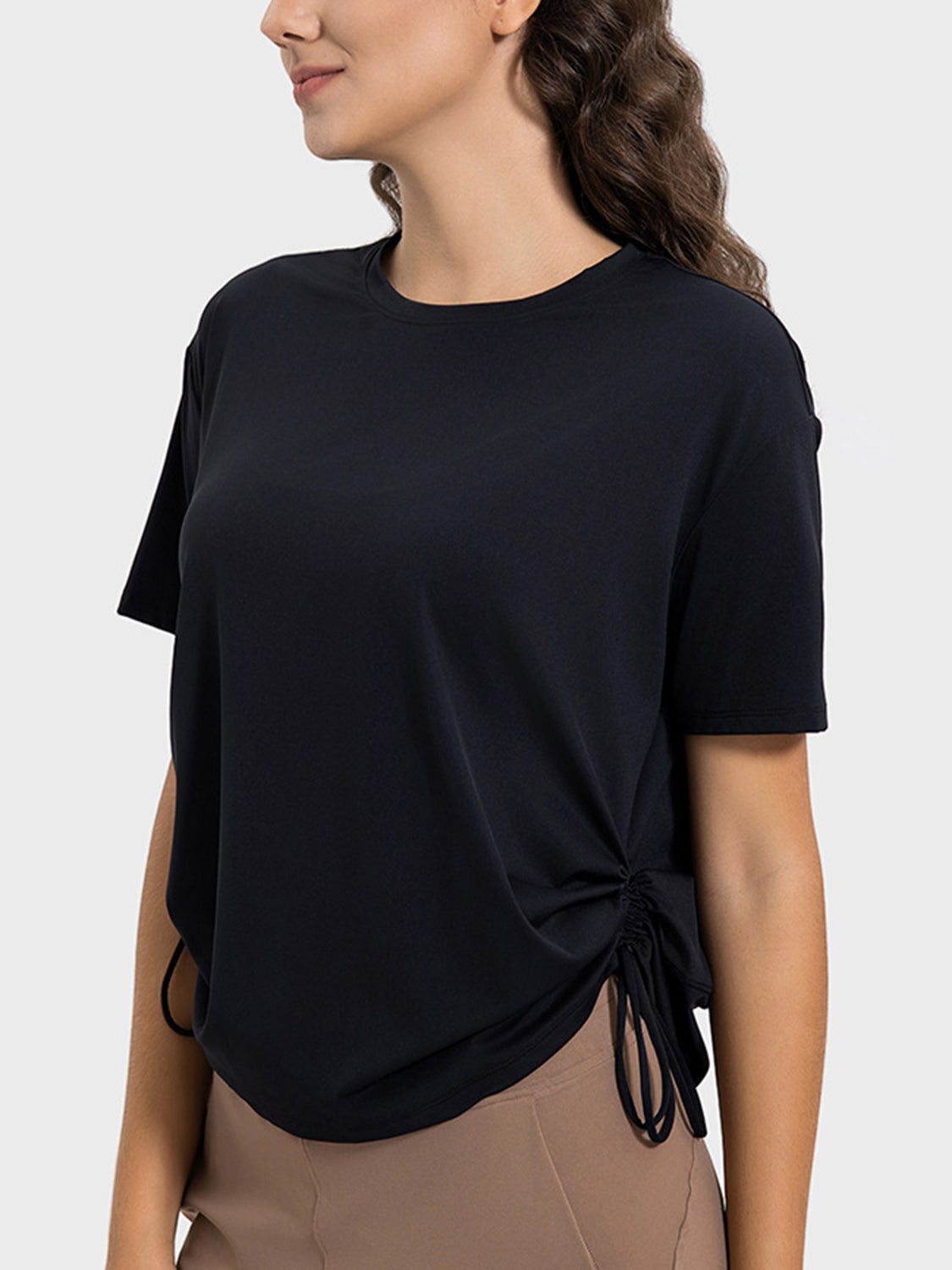 Millennia Drawstring Round Neck Short Sleeve Active T-Shirt 