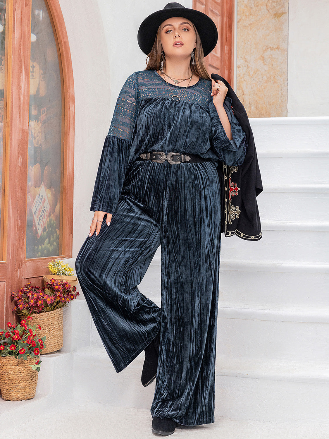 Plus Size Round Neck Flare Sleeve Top and Pants Set 