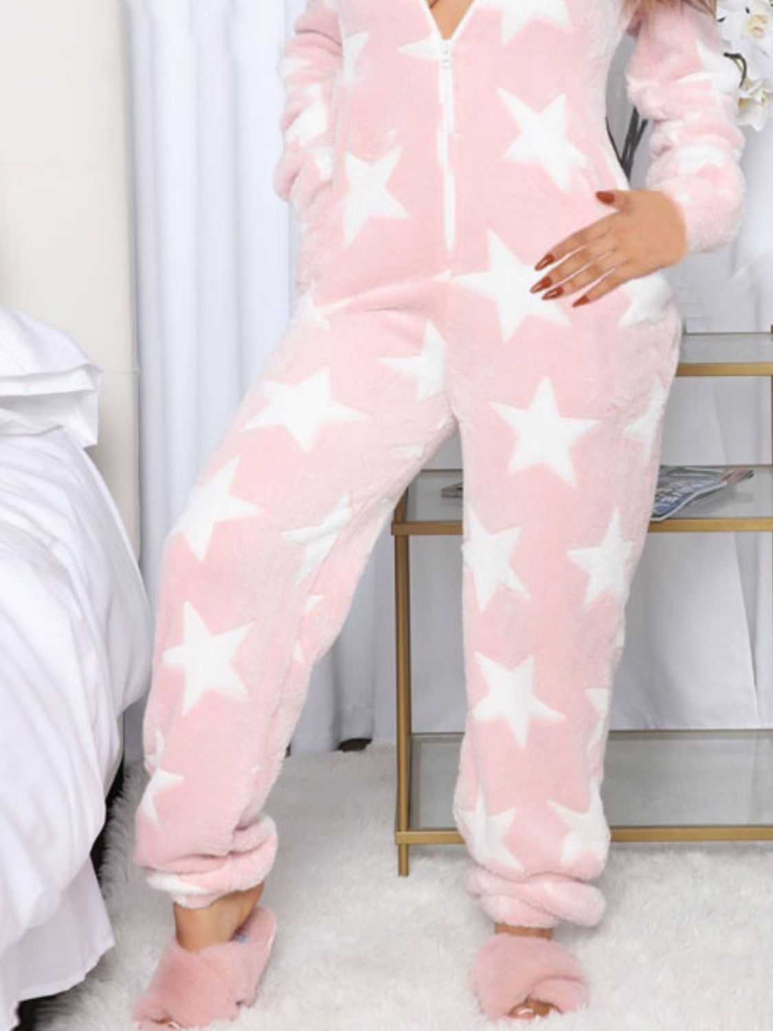 Printed Zip Up Long Sleeve Hooded Lounge Jumpsuit 