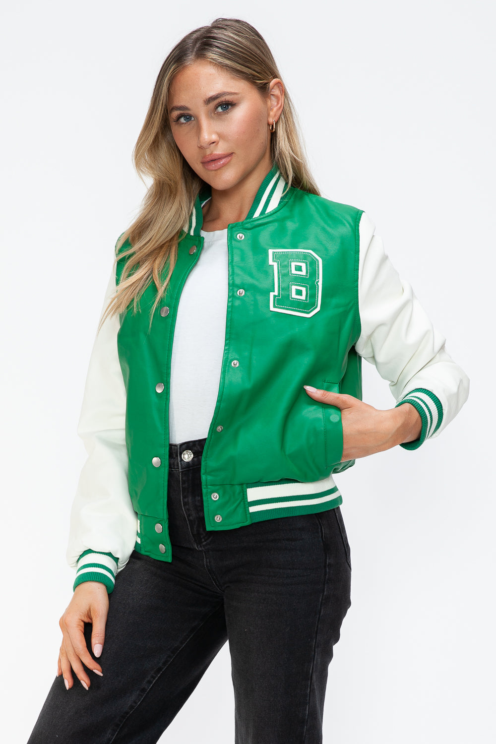 Love Me Now PU Leather Contrast Snap Down Bomber Jacket 