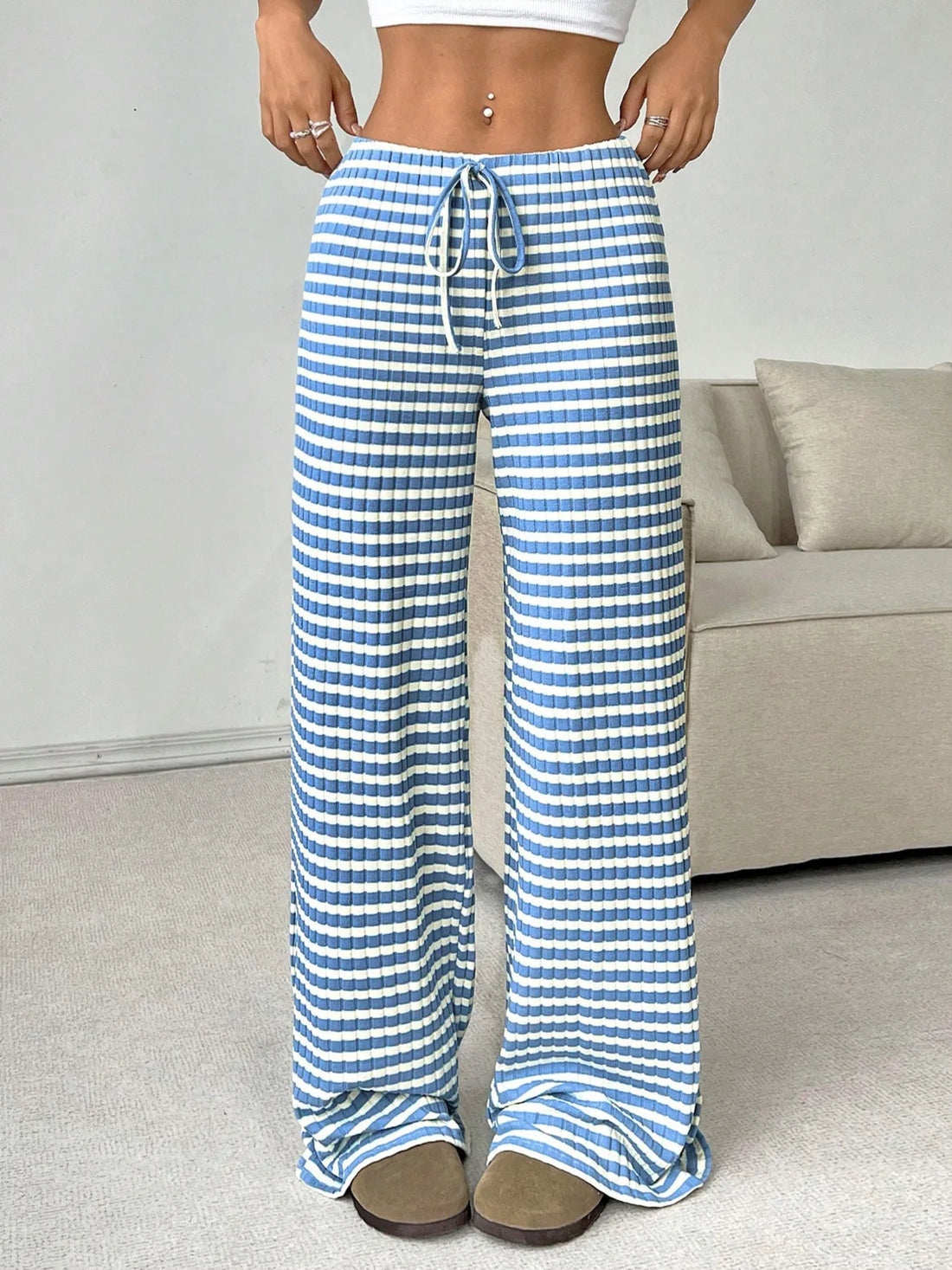 Striped Wide Leg Drawstring Pants 