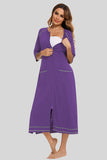 Zip Up Slit Round Neck Night Dress with Pockets 