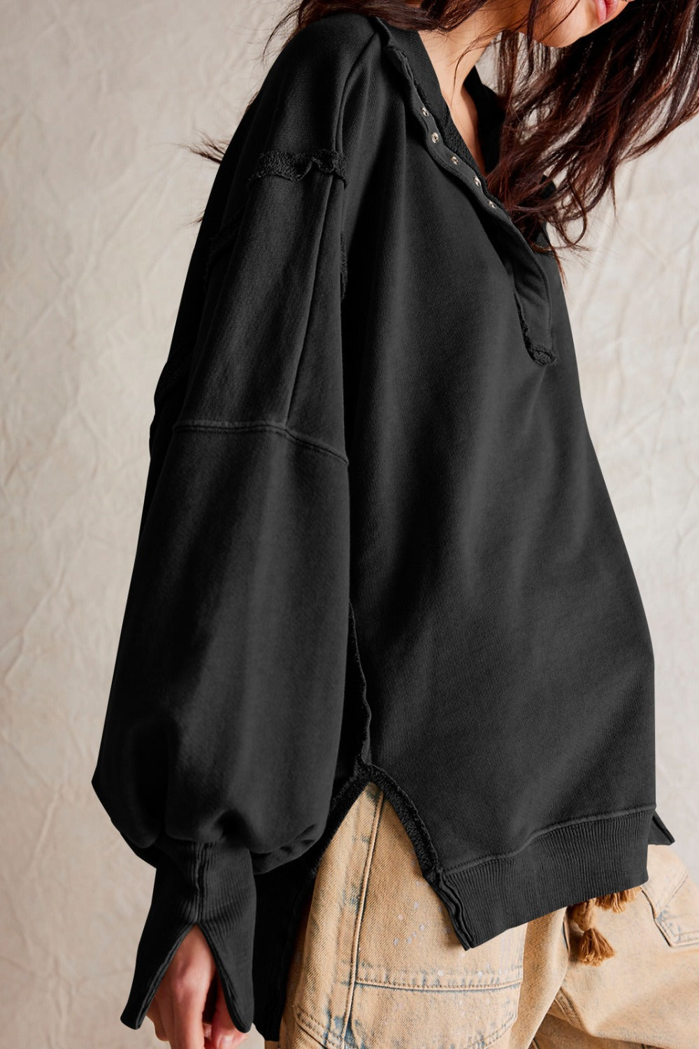 Exposed Seam Side Slit Long Sleeve Sweatshirt 