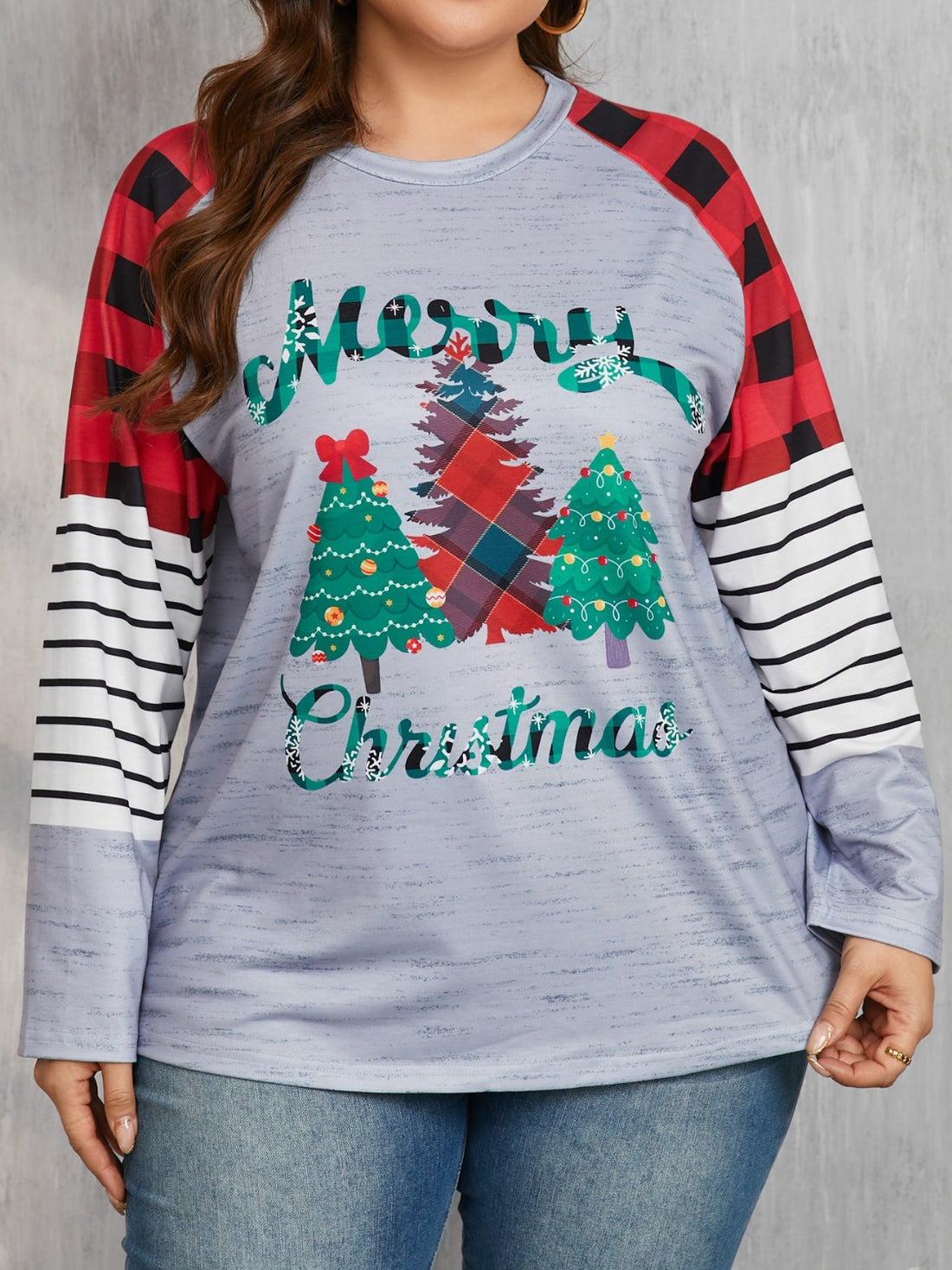 Plus Size Christmas Tree Plaid Round Neck Long Sleeve T-Shirt 