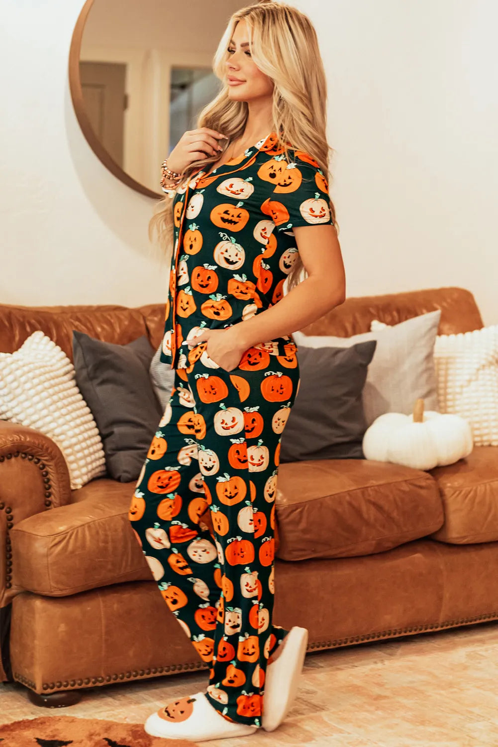 Pumpkin Printed Short Sleeve Top and Pants Lounge Set Lingerie & Nightwear