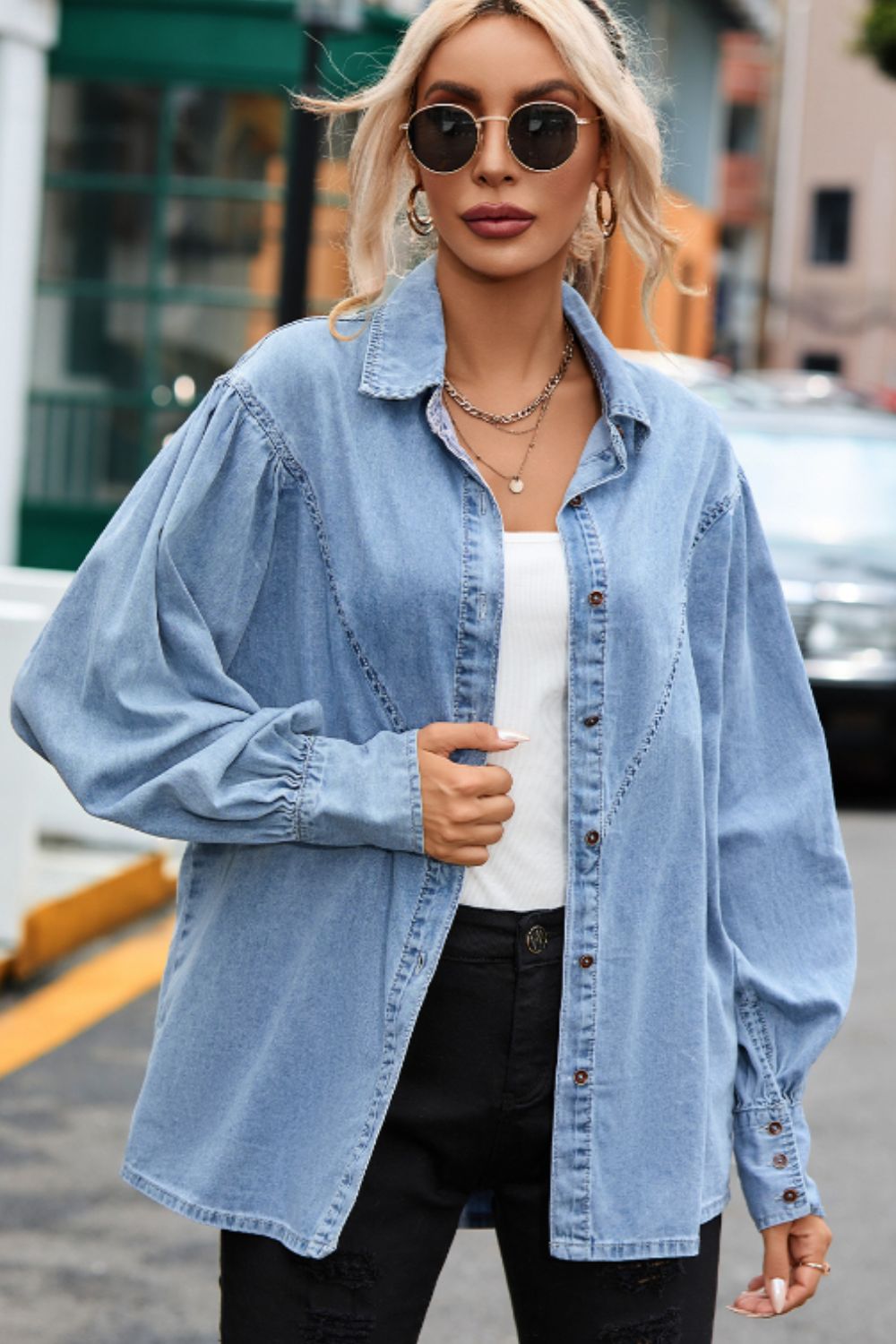 Collared Neck Lantern Sleeve Denim Top 