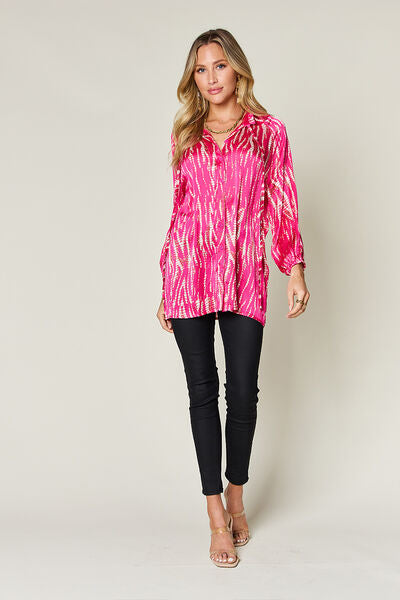 Double Take Full Size Printed Button Up Long Sleeve Shirt 