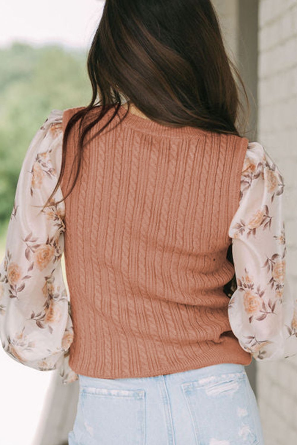 Cable Knit Round Neck Flounce Sleeve Sweater 