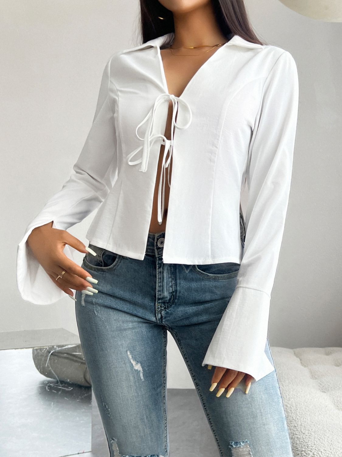 Devine Slit Tied Collared Neck Long Sleeve Blouse 