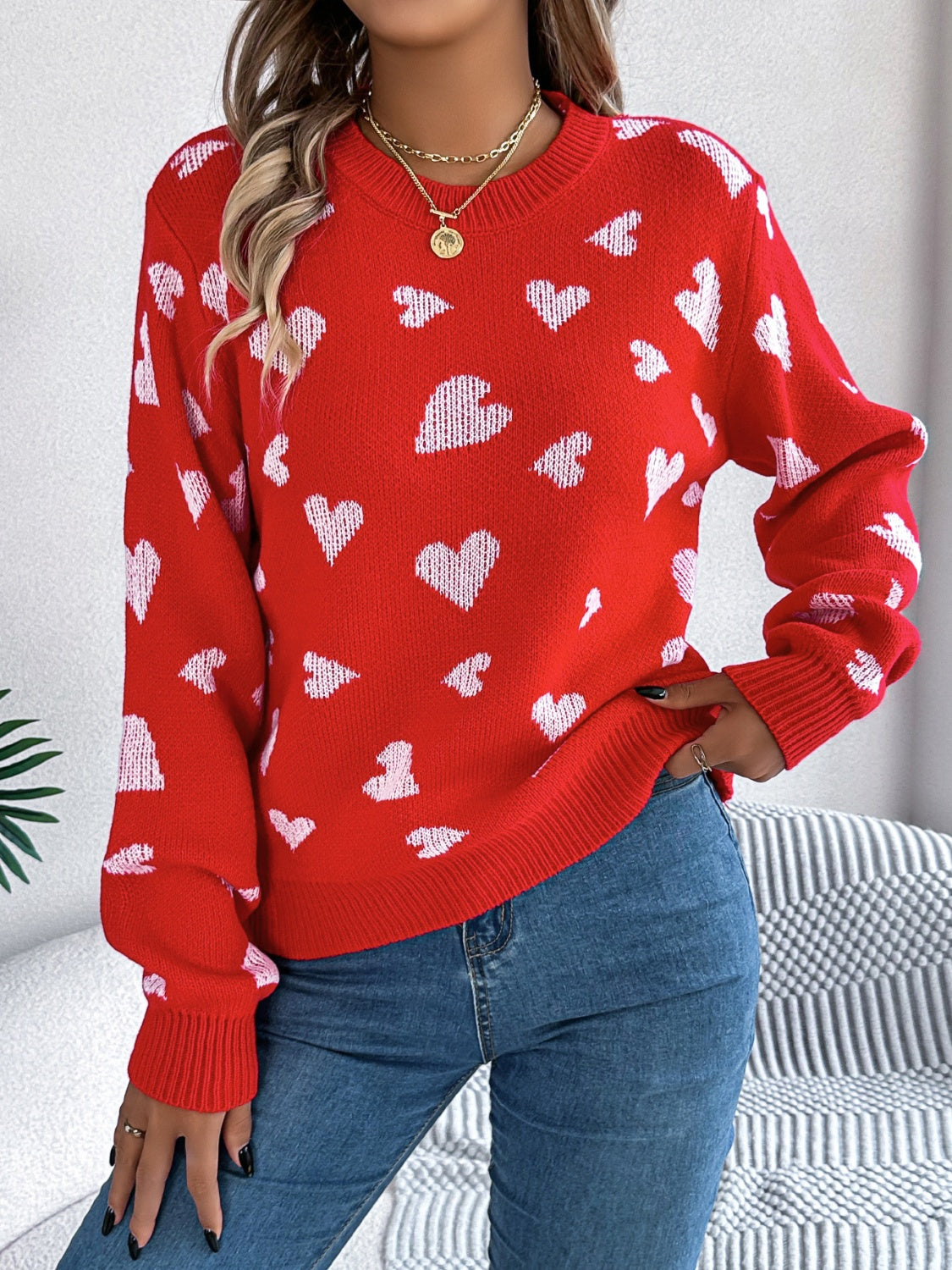 Heart Round Neck Long Sleeve Sweater 