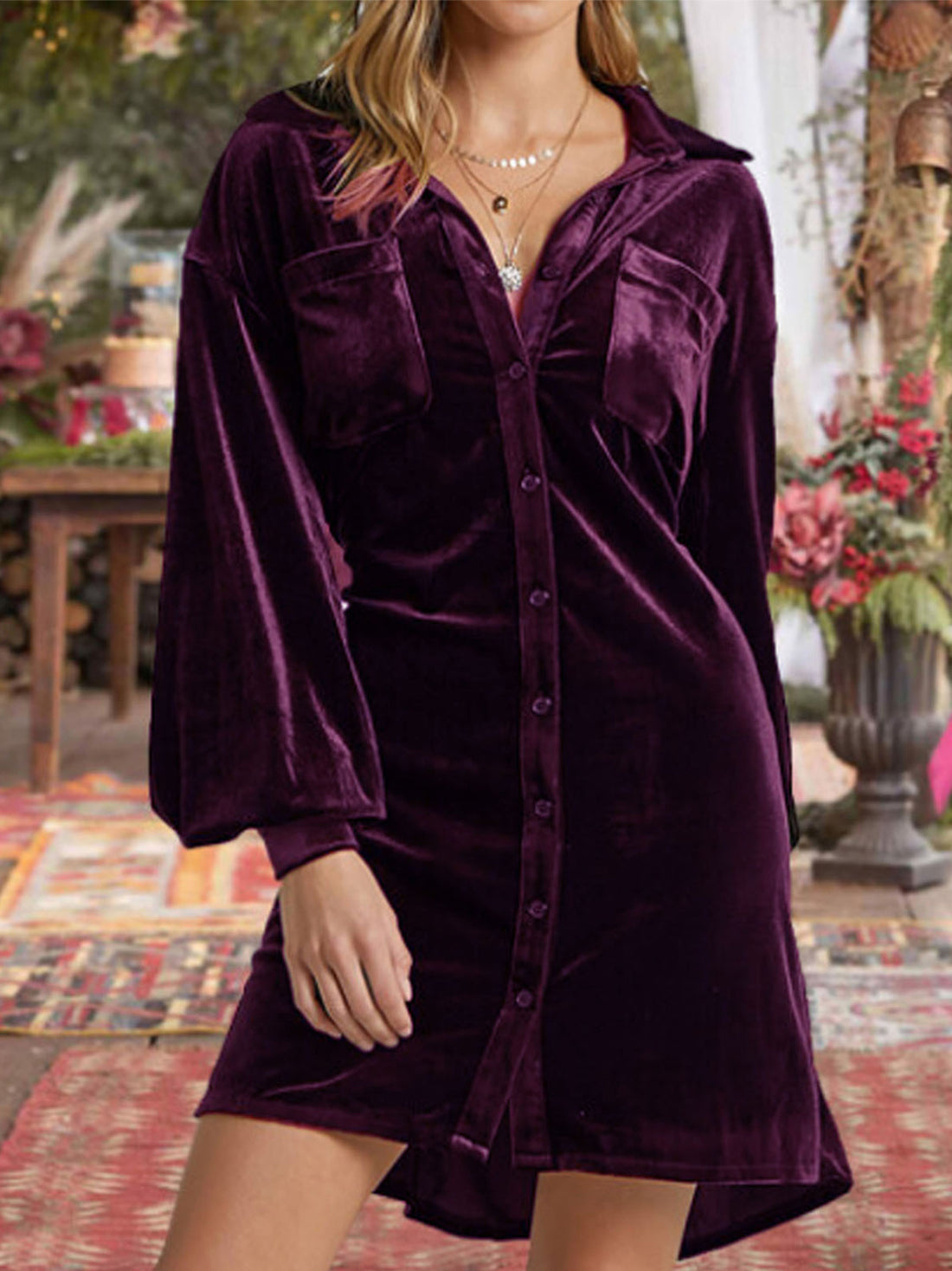 Collared Neck Button Down Long Sleeve Mini Dress 