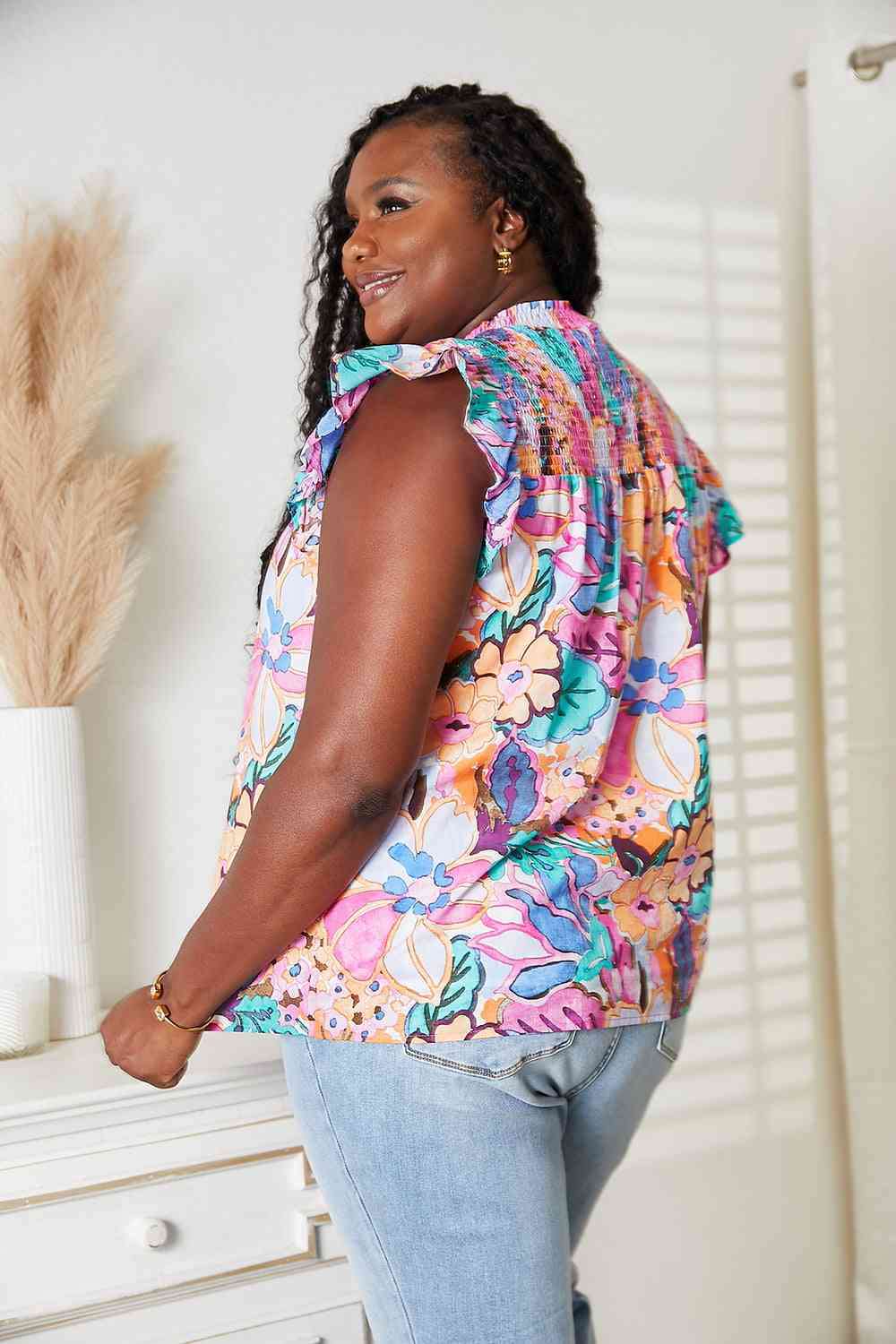 Double Take Floral Smocked Flutter Sleeve Top 