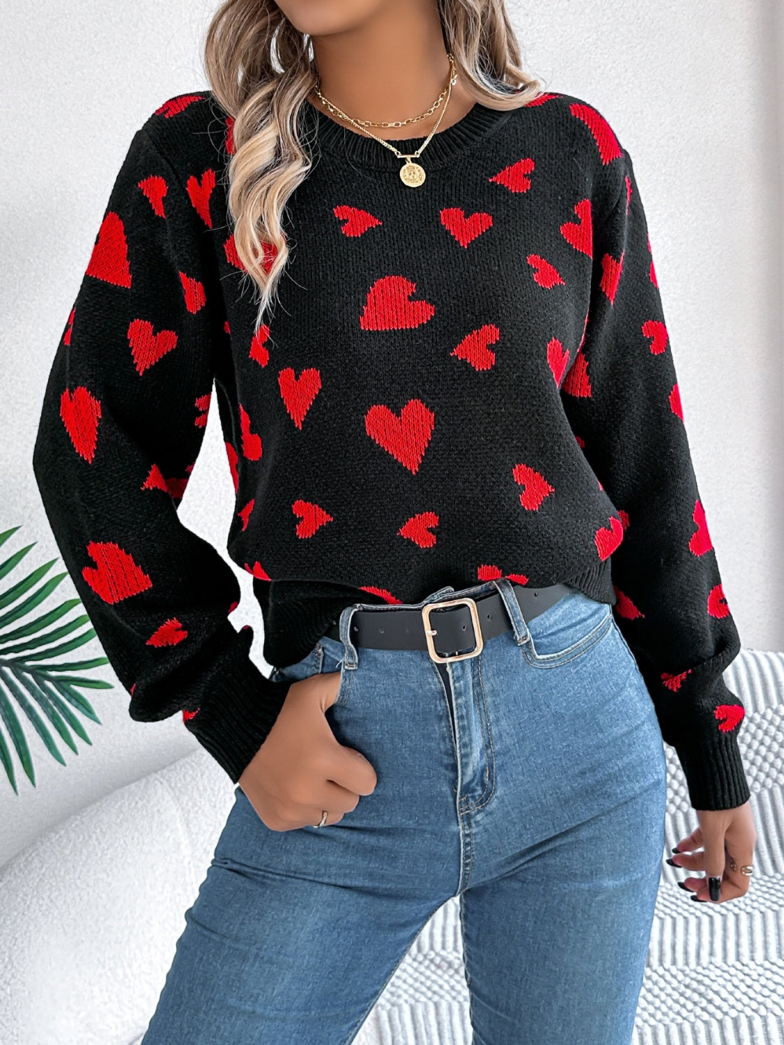 Heart Round Neck Long Sleeve Sweater 