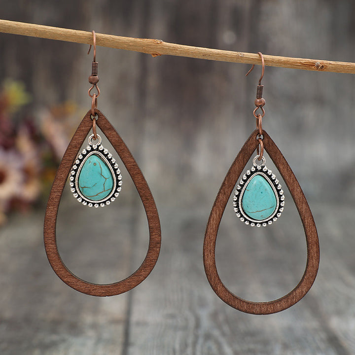 Wooden Turquoise Cutout Teardrop Earrings 