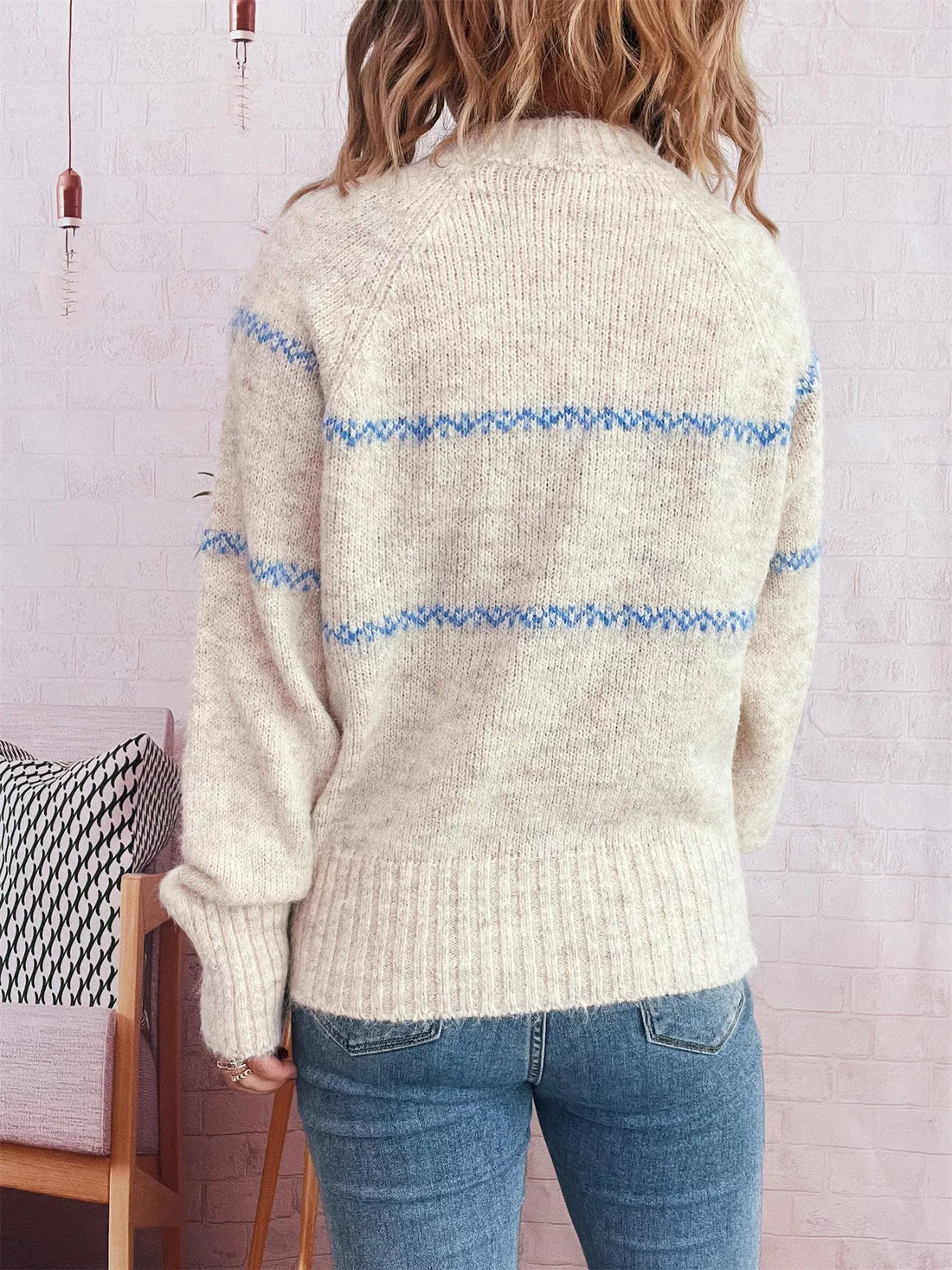 Ribbed Hem Flower Long Sleeve Sweater 