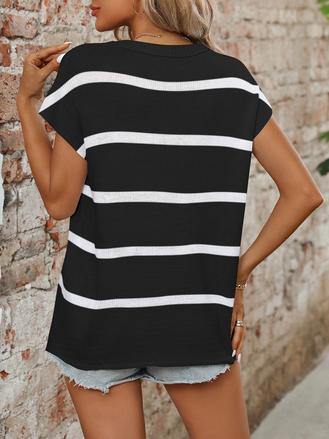 Mandy Striped Round Neck Short Sleeve Knit Top 