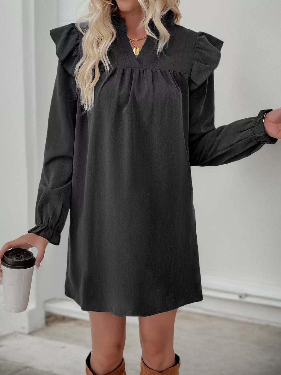 Ruffled Notched Flounce Sleeve Dress 