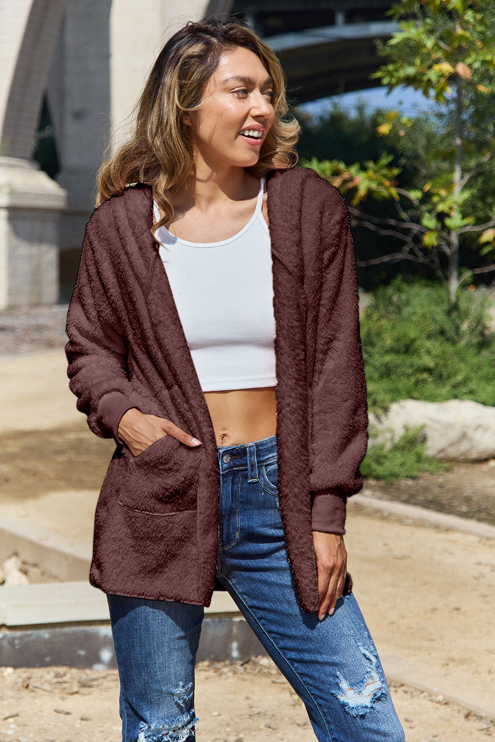 Full Size Teddy Hooded Jacket with Pockets 