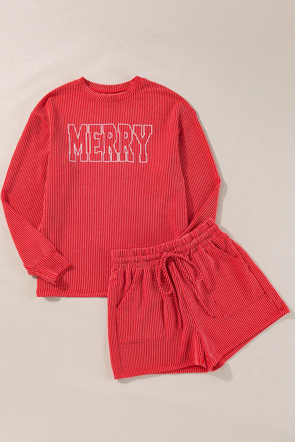MERRY Round Neck Long Sleeve Top and Shorts Lounge Set 