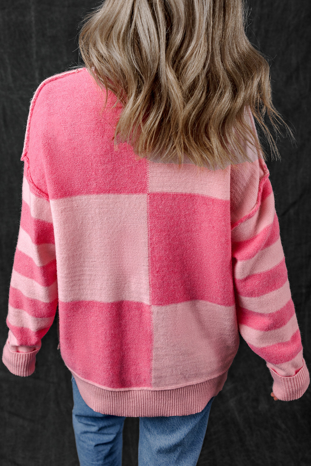 Pink Checkered Colorblock Striped High Low Loose Sweater Sweaters & Cardigans/Sweaters
