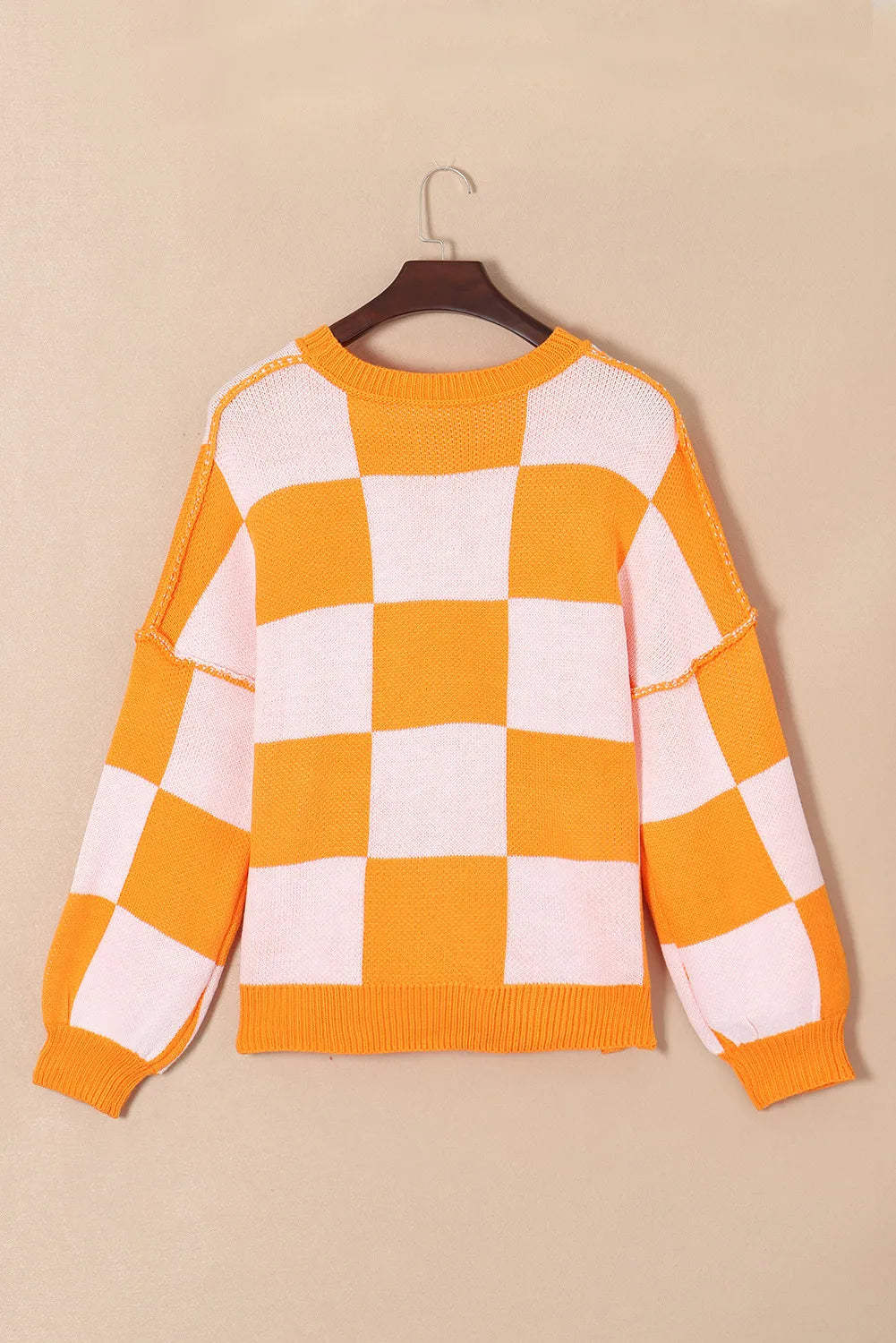 Pumpkin Checkered Round Neck Long Sleeve Sweater 