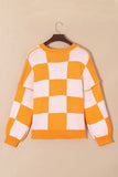 Pumpkin Checkered Round Neck Long Sleeve Sweater 