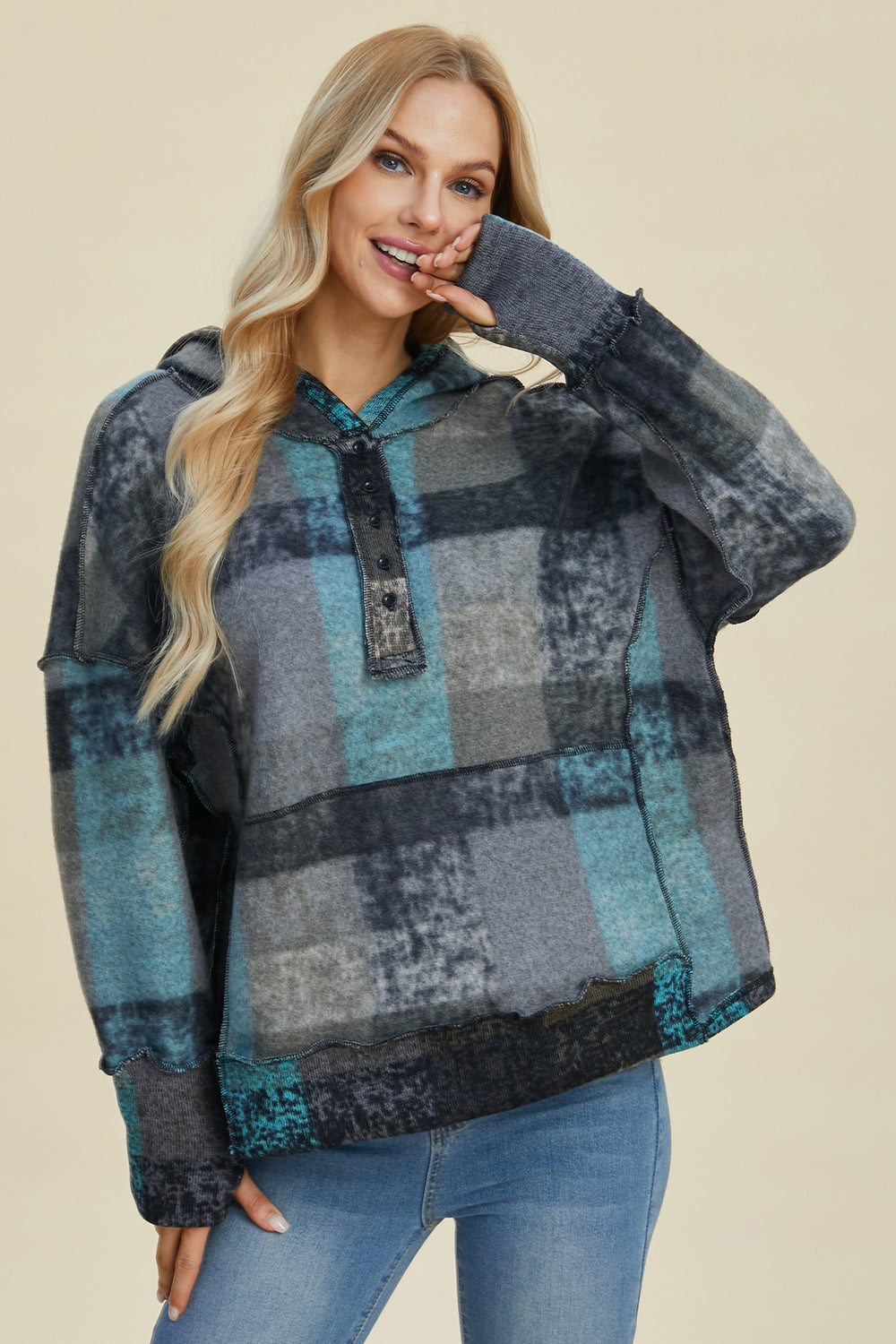 Double Take Full Size Plaid Dropped Shoulder Fleece Hoodie 