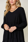 Double Take Full Size V-Neck Balloon Sleeve Tiered Dress with Pockets 