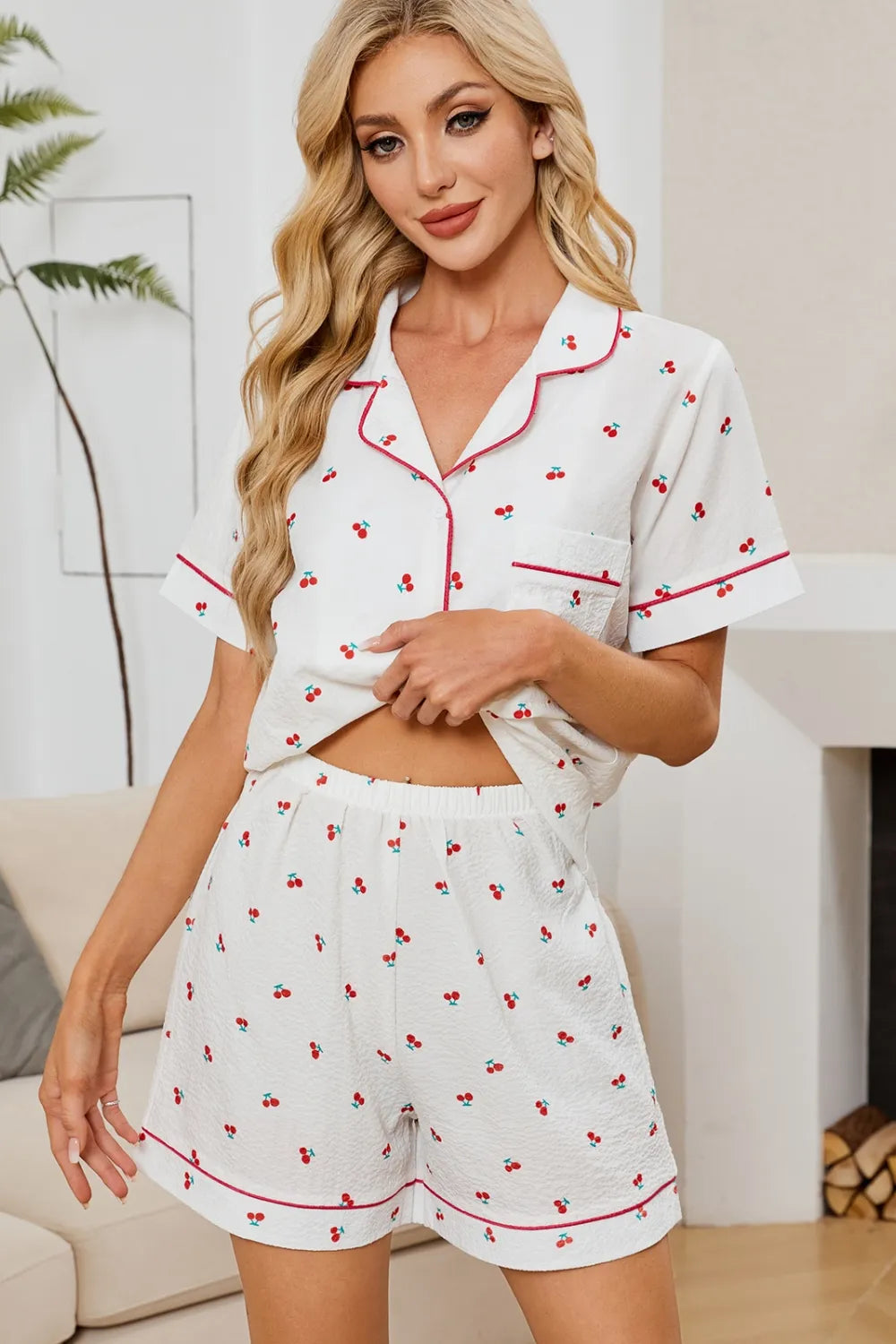 Cheery Print Collared Neck Top and Shorts Lounge Set Lingerie & Nightwear