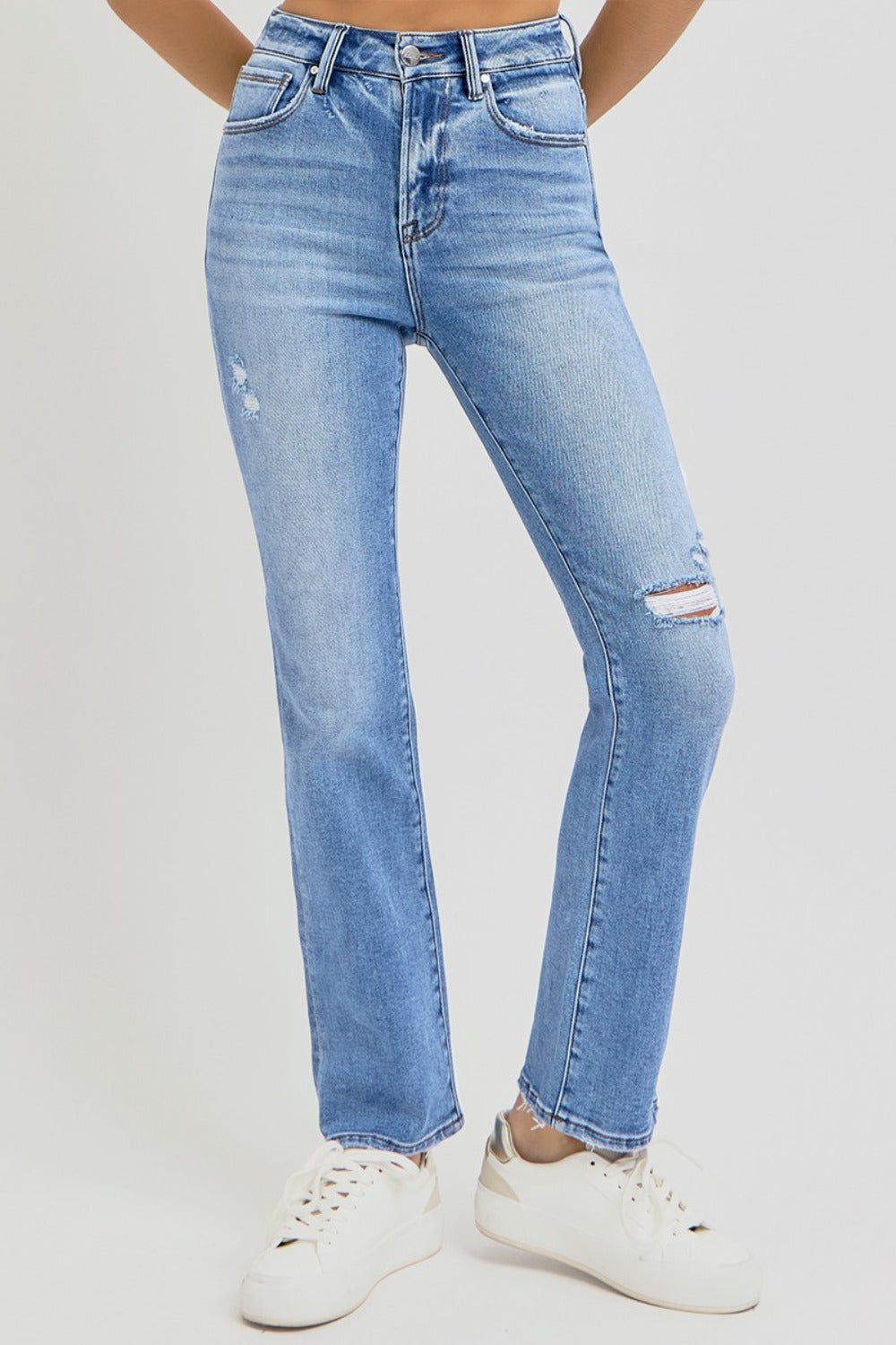 RISEN Full Size Distressed High-Rise Ankle Straight Jeans 