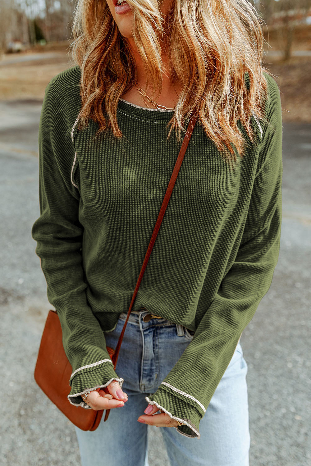 Black Textured Round Neck Long Sleeve Top Tops/Long Sleeve Tops