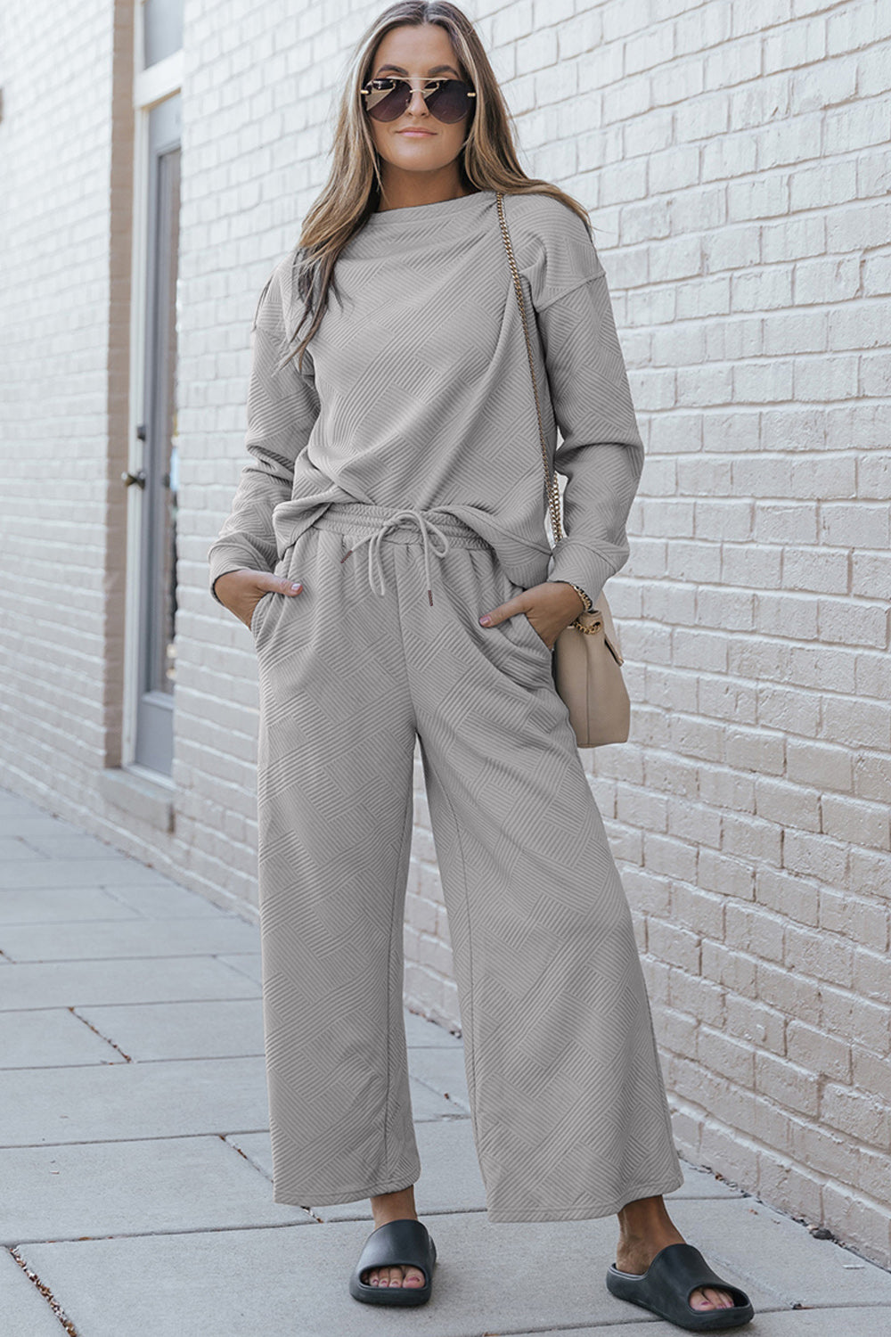 Double Take Full Size Textured Long Sleeve Top and Drawstring Pants Set 