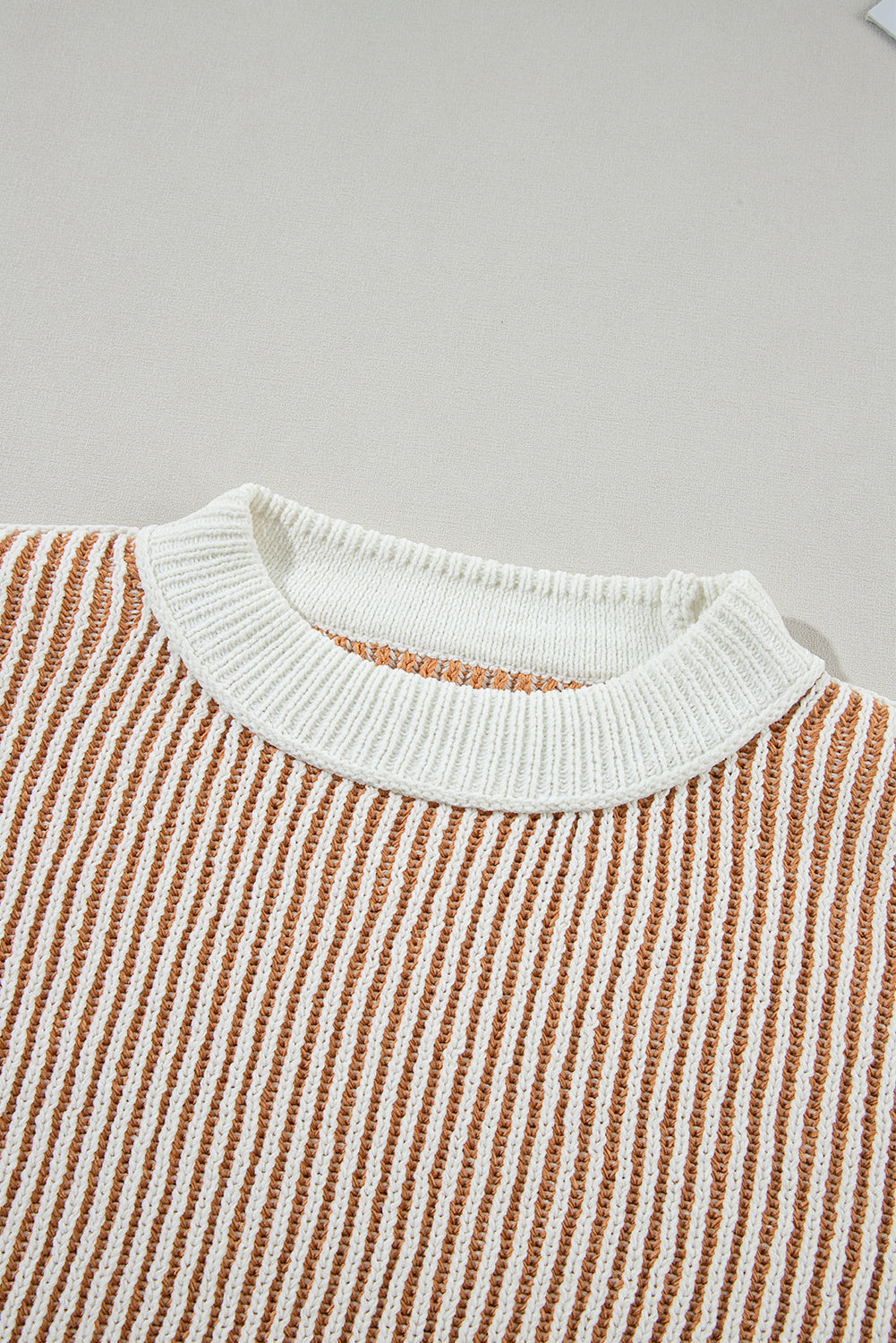 Chestnut Striped Textured Knit Contrast Edge Loose Sweater Sweaters & Cardigans/Sweaters