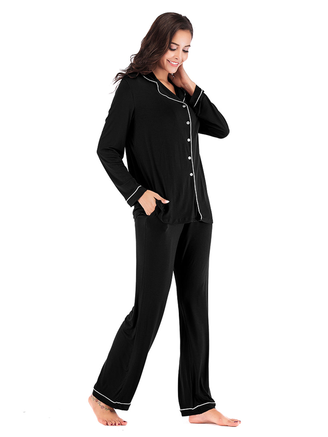 Collared Neck Long Sleeve Loungewear Set with Pockets Lingerie & Nightwear