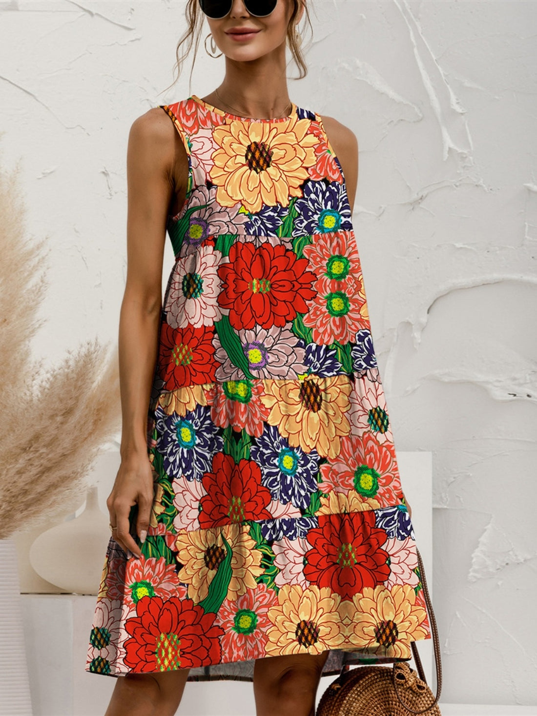 FAM-FAM Tiered Printed Round Neck Sleeveless Dress 