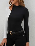 Cutout Contrast Mock Neck Long Sleeve T-Shirt 