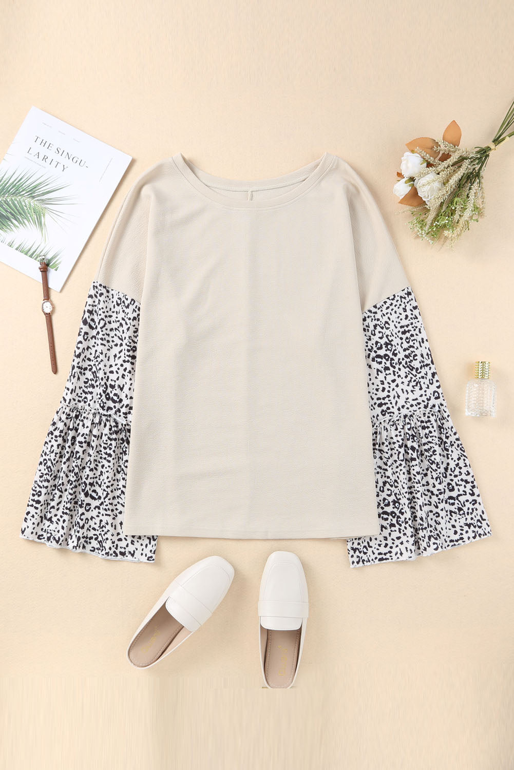 Plus Size Leopard Round Neck Long Sleeve Top 