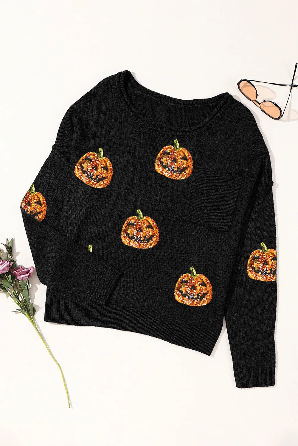Pumpkin Round Neck Long Sleeve Knit Top 