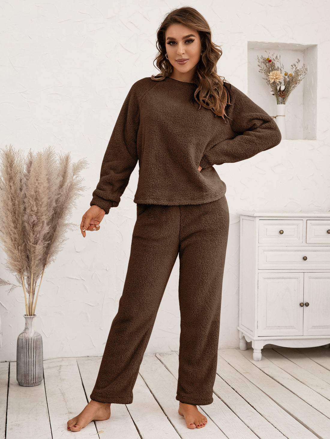 Ivy Lane Teddy Long Sleeve Top and Pants Lounge Set 
