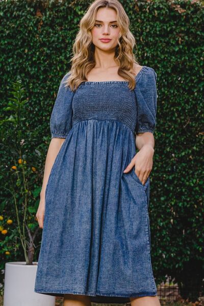 ODDI Full Size Washed Smocked Puff Sleeve Dress Dresses