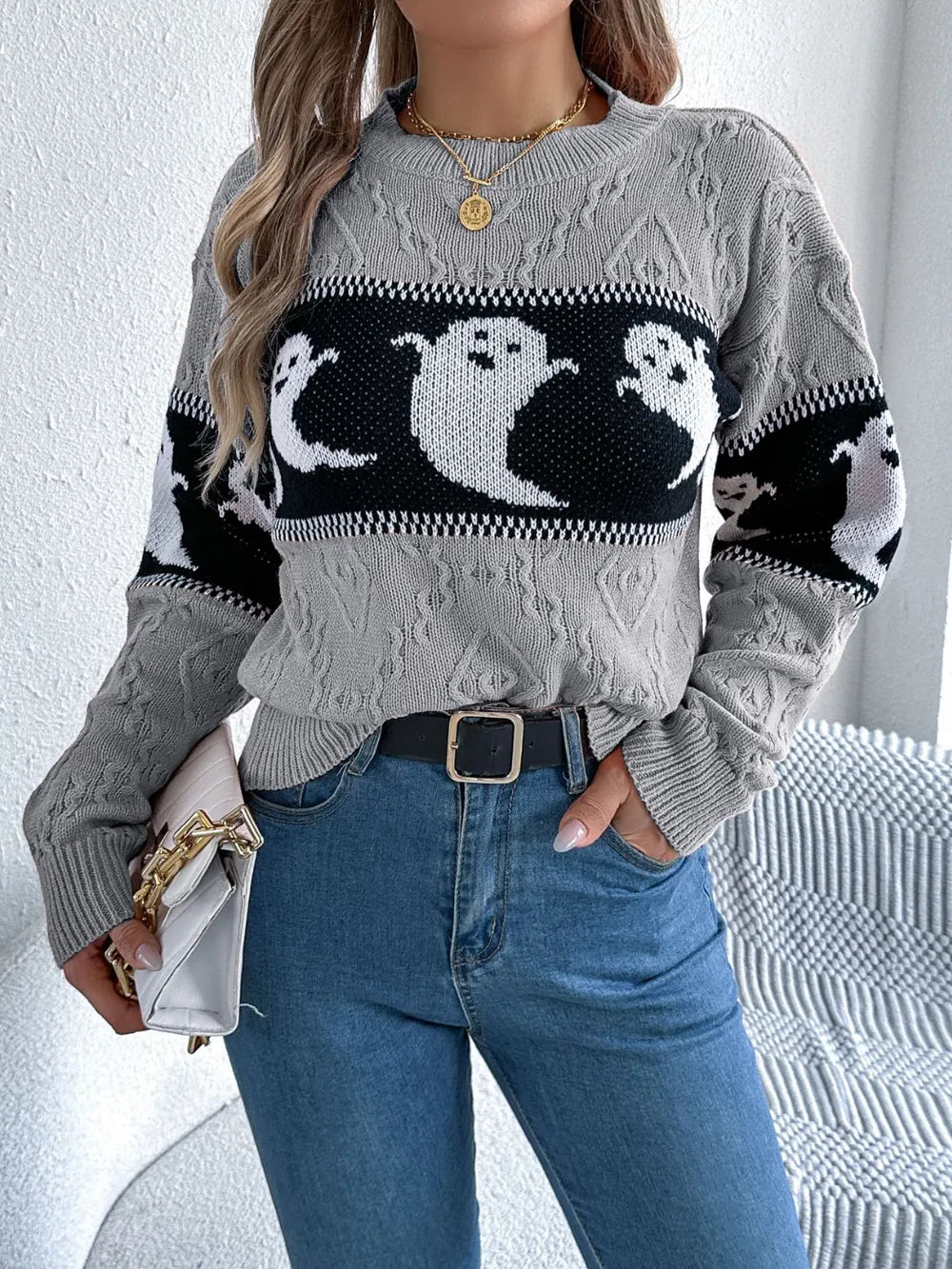 Ghost Round Neck Long Sleeve Sweater 