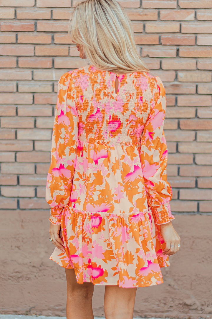 Orange Abstract Print Smocked Lantern Sleeve Ruffle Mini Dress Dresses/Mini Dresses